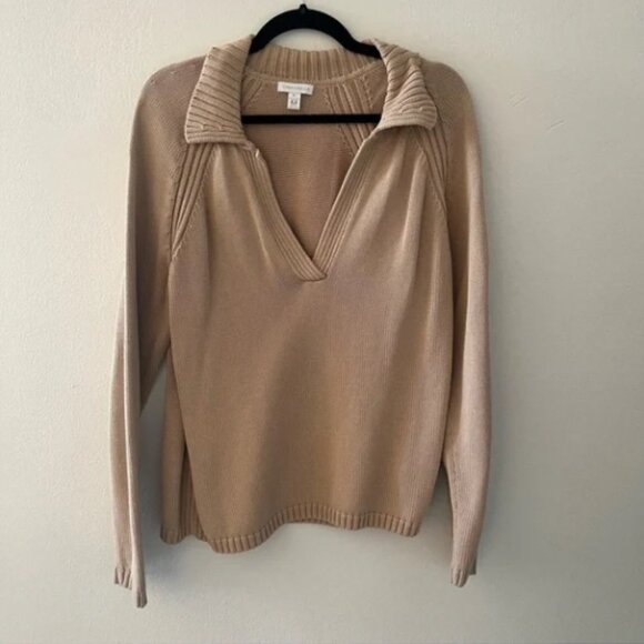 Vintage Charter Club Cotton V Neck Collared Sweater in Tan - Picture 1 of 4